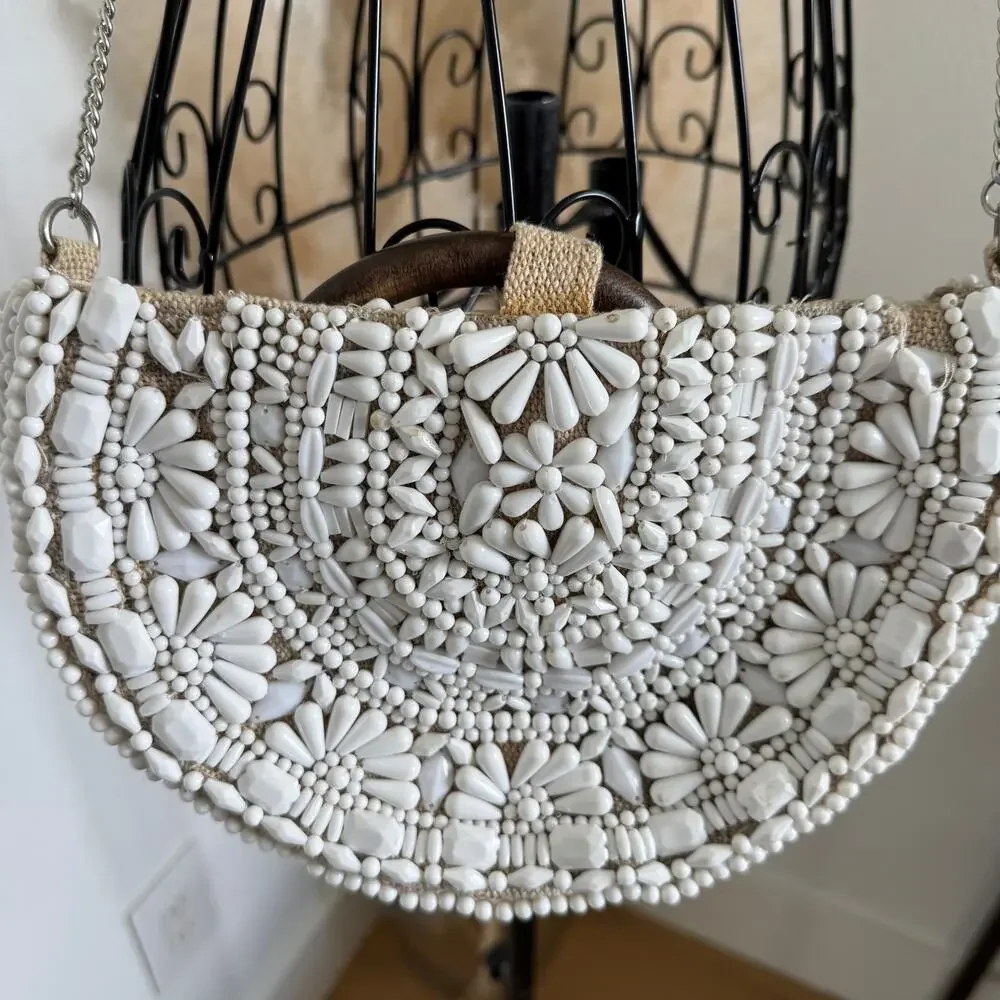 ZARA White Beaded Boho Half Moon Wooden Top Handle Convertible Bag Chain Strap - Picture 2 of 10